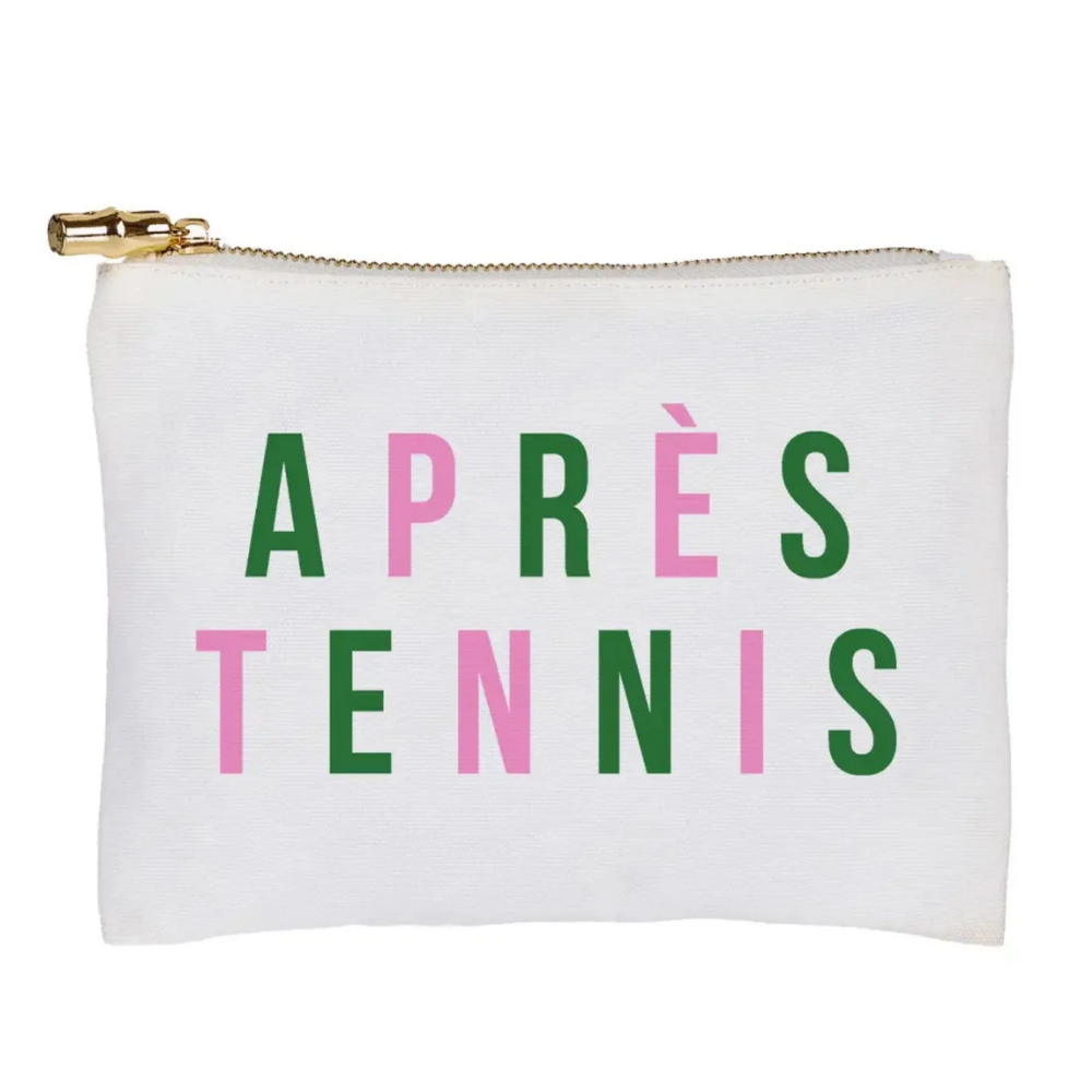 White pouch with colorful text 'après tennis' on a white background