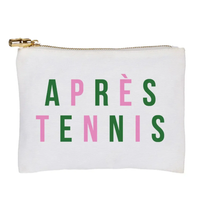 White pouch with colorful text 'après tennis' on a white background