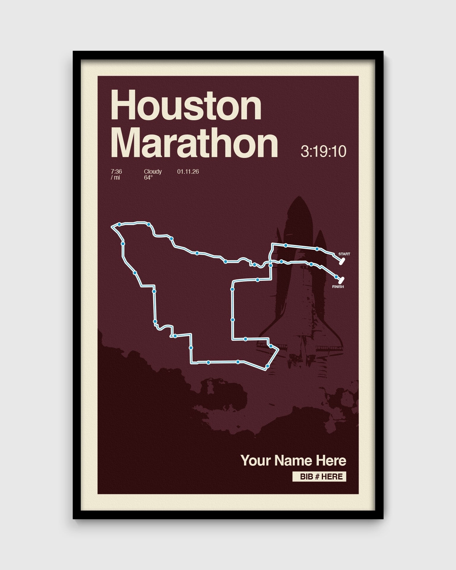 Houston Marathon poster with map and customizable text on a dark background