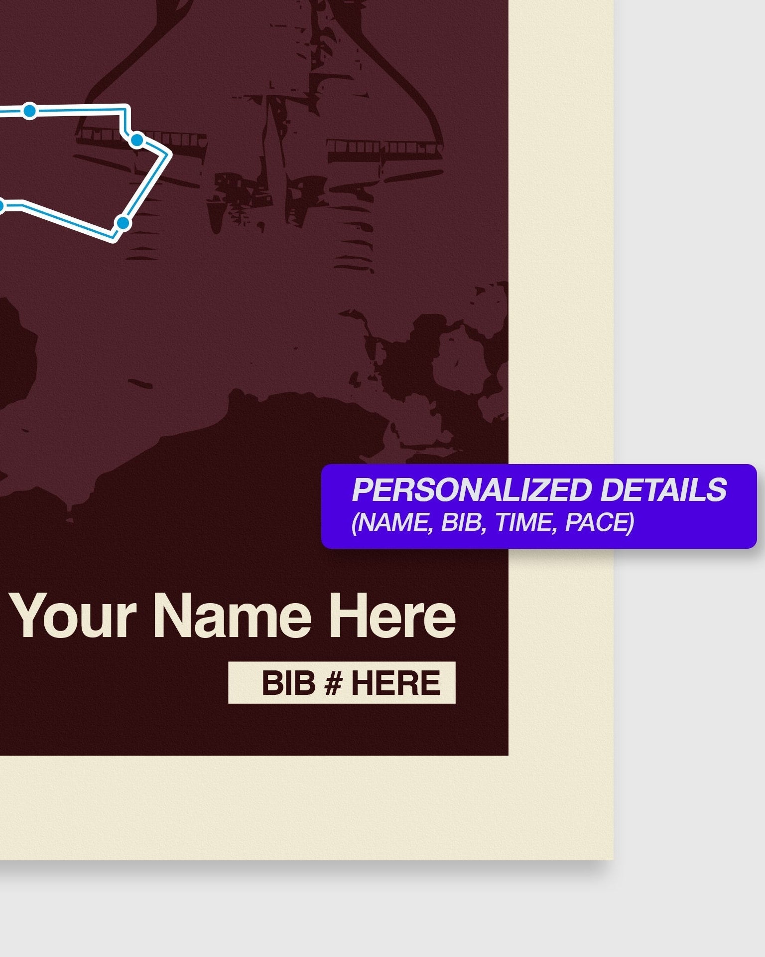 Personalized running bib with customizable details on a maroon background