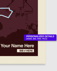 Personalized running bib with customizable details on a maroon background