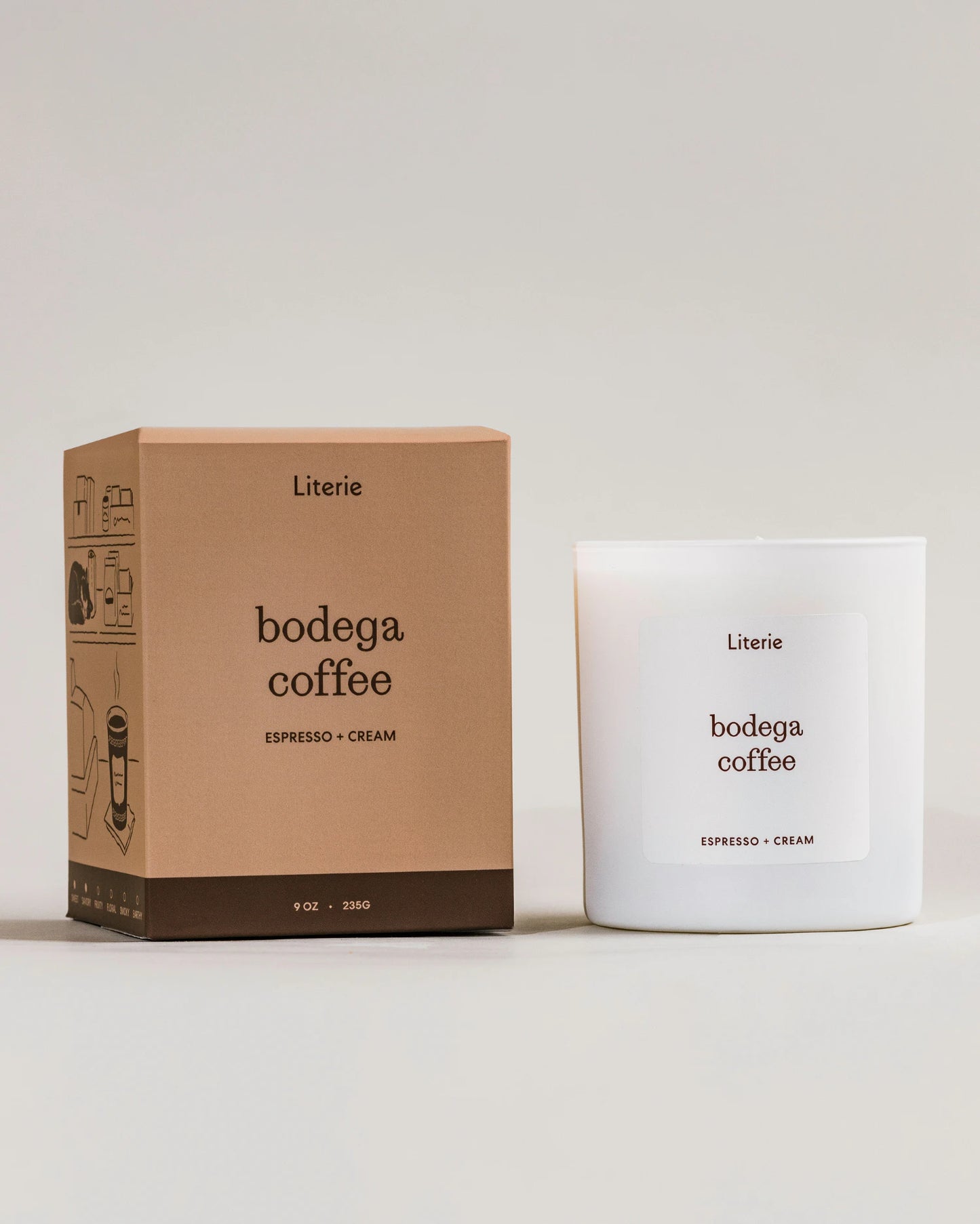 Bodega Coffee packaging and candle on a light background