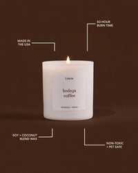 A lit Literie candle in a white jar on a solid brown background, surrounded by white callout lines and text highlighting product features: 'Made in the USA', '50 Hour Burn Time', 'Soy + Coconut Blend Wax', 'Non-Toxic + Pet Safe', and the scent 'bodega coffee'.
