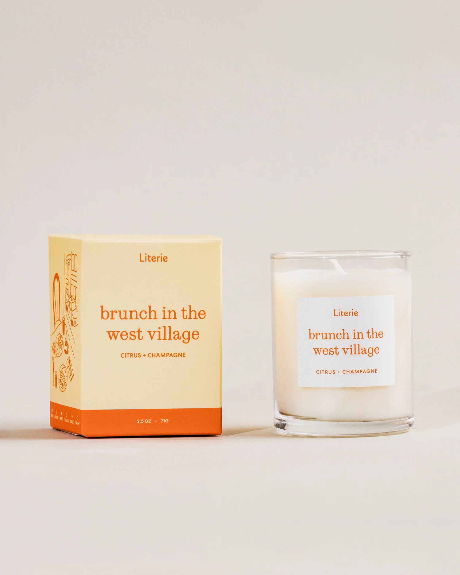Literie little candle and packaging with 'brunch in the west village' text on a light background