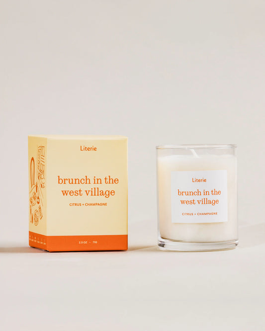 Literie little candle and packaging with 'brunch in the west village' text on a light background