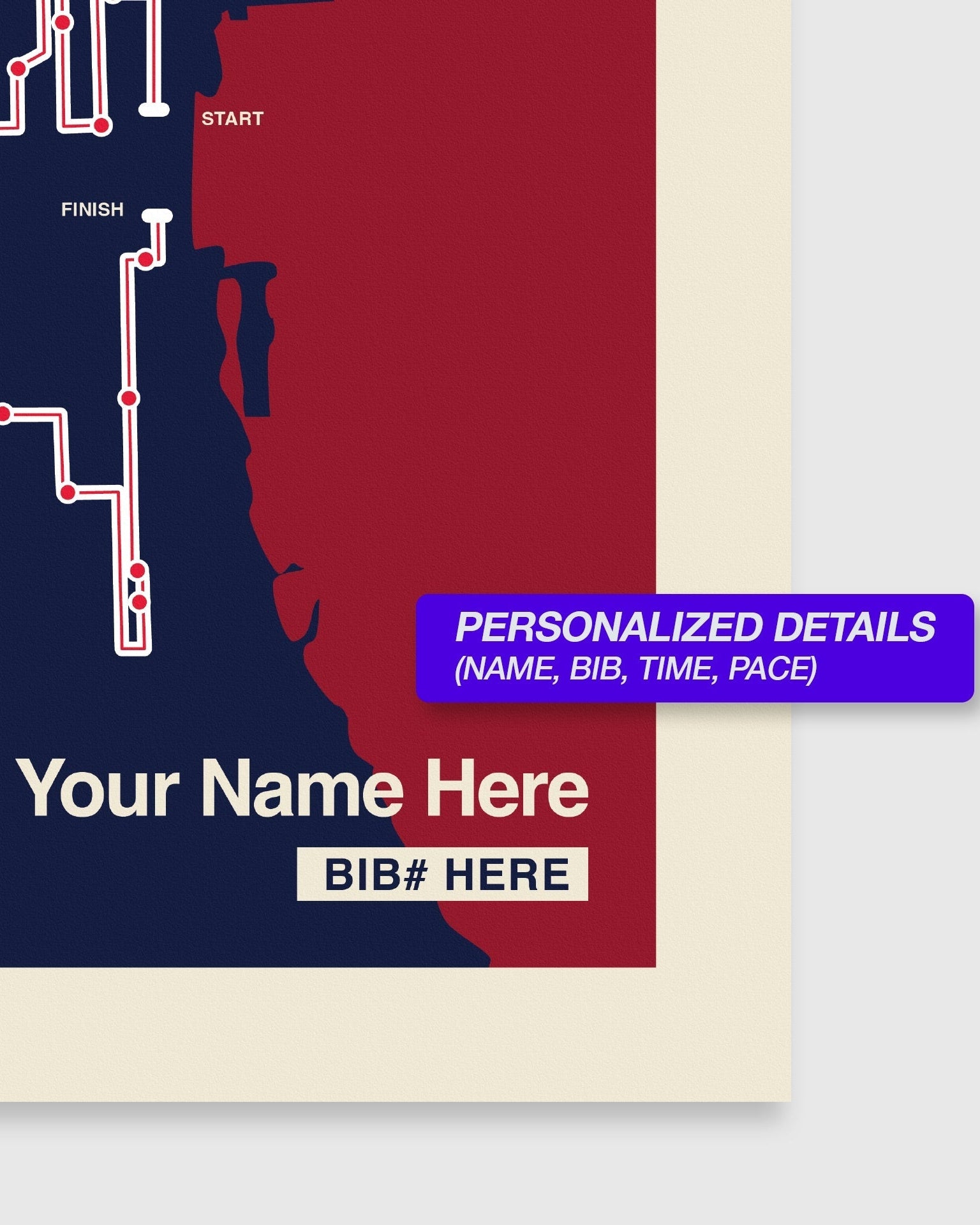 Race bib design with silhouette of a person, race course map, and customizable text on a blue and red background.