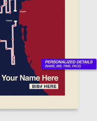 Race bib design with silhouette of a person, race course map, and customizable text on a blue and red background.