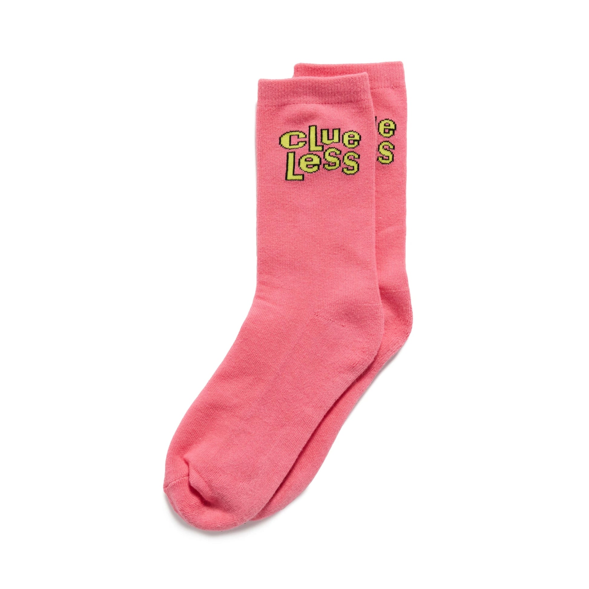 Pink socks with yellow text on a white background