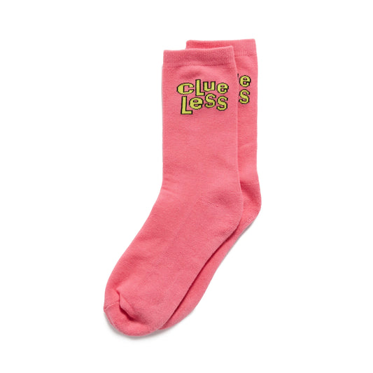 Pink socks with yellow text on a white background