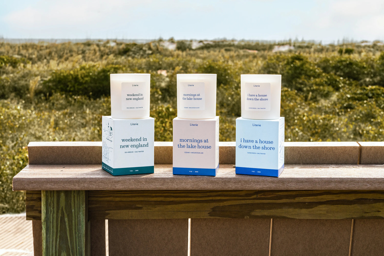 'weekend in new england', 'mornings at the lake house' and 'i have a house down the shore' candles at the beach.
