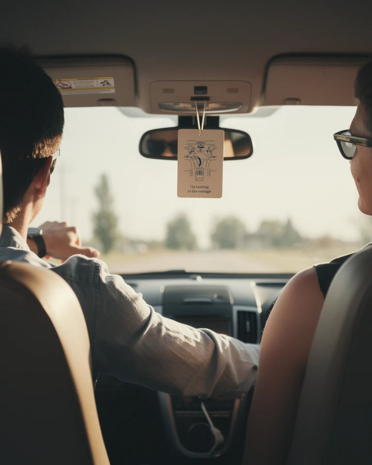 Two people in a car with a Heated Rivalry air freshener hanging from the rearview mirror.