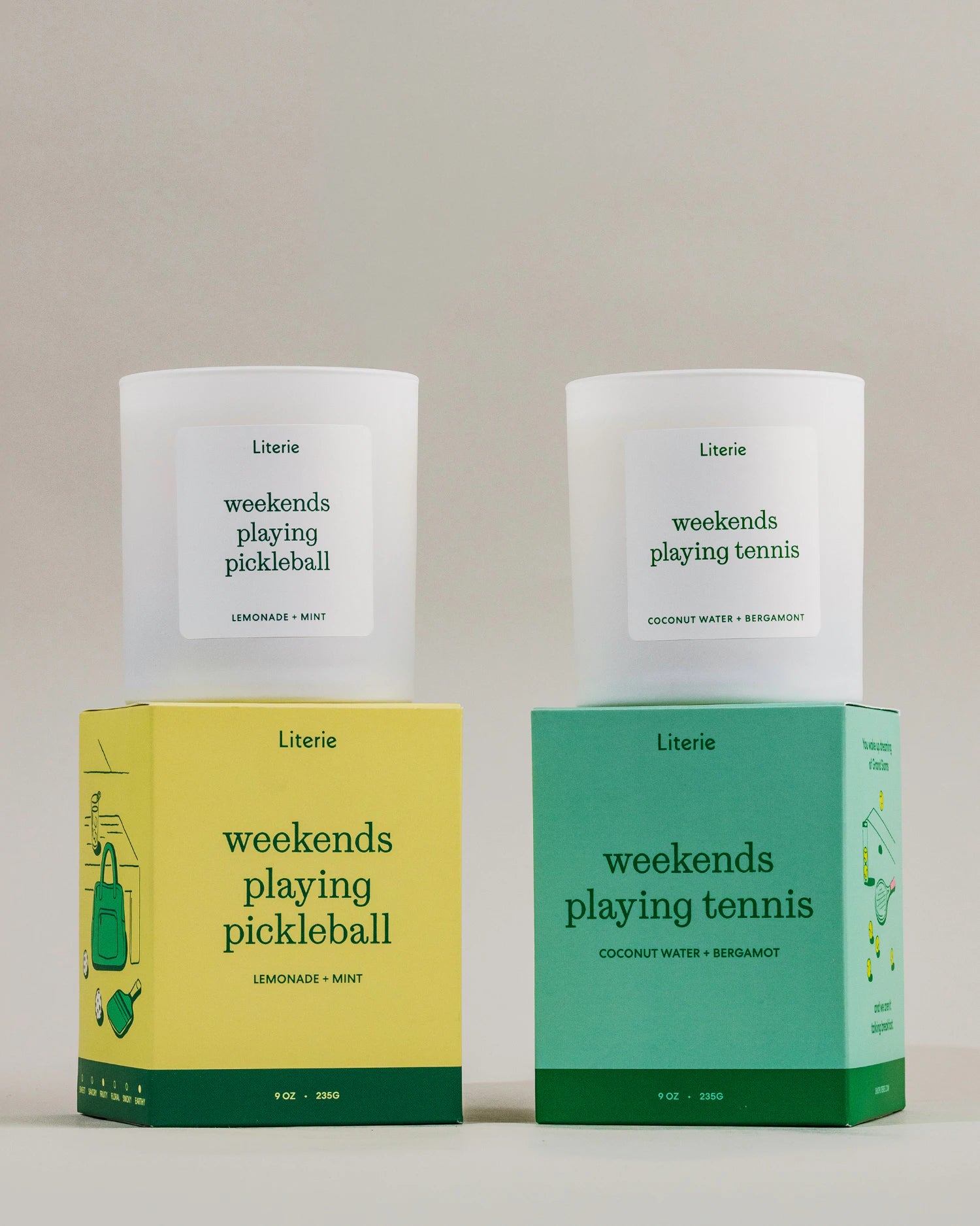 'weekends playing pickleball' and 'weekends playing tennis' candles and boxes on a neutral background.