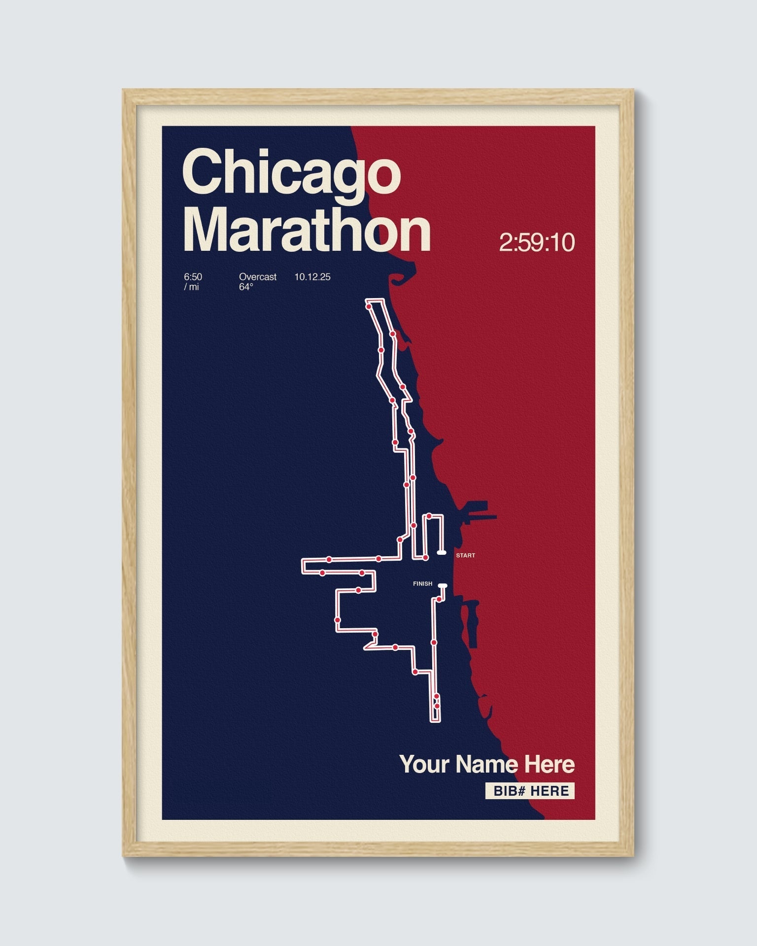 Framed poster of the Chicago Marathon route with a blue and red design.