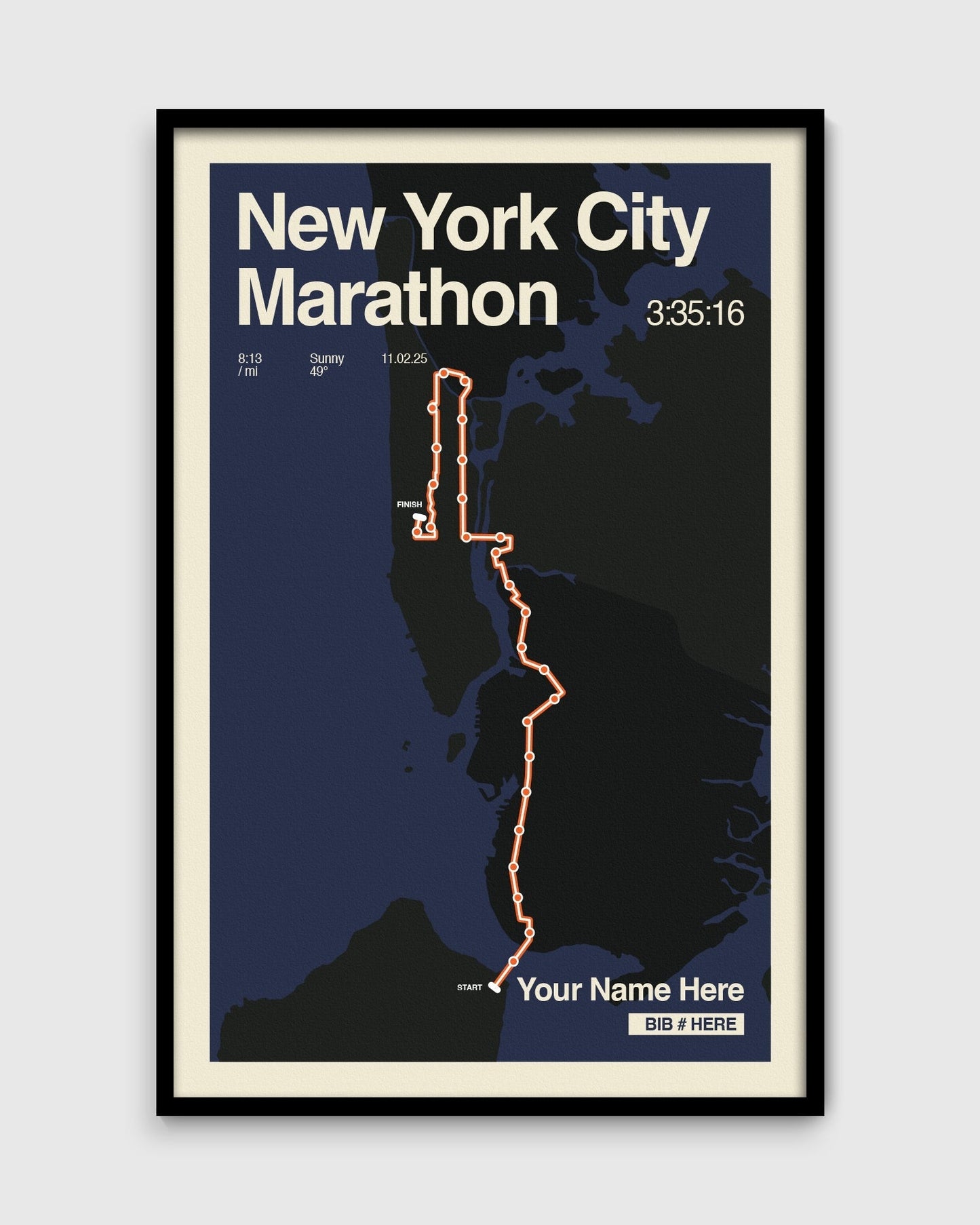 Framed poster of New York City Marathon route with a dark blue background
