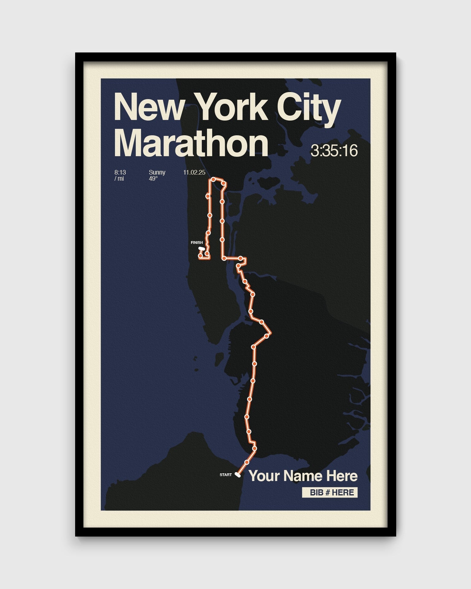Framed poster of New York City Marathon route with a dark blue background