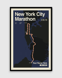 Framed poster of New York City Marathon route with a dark blue background