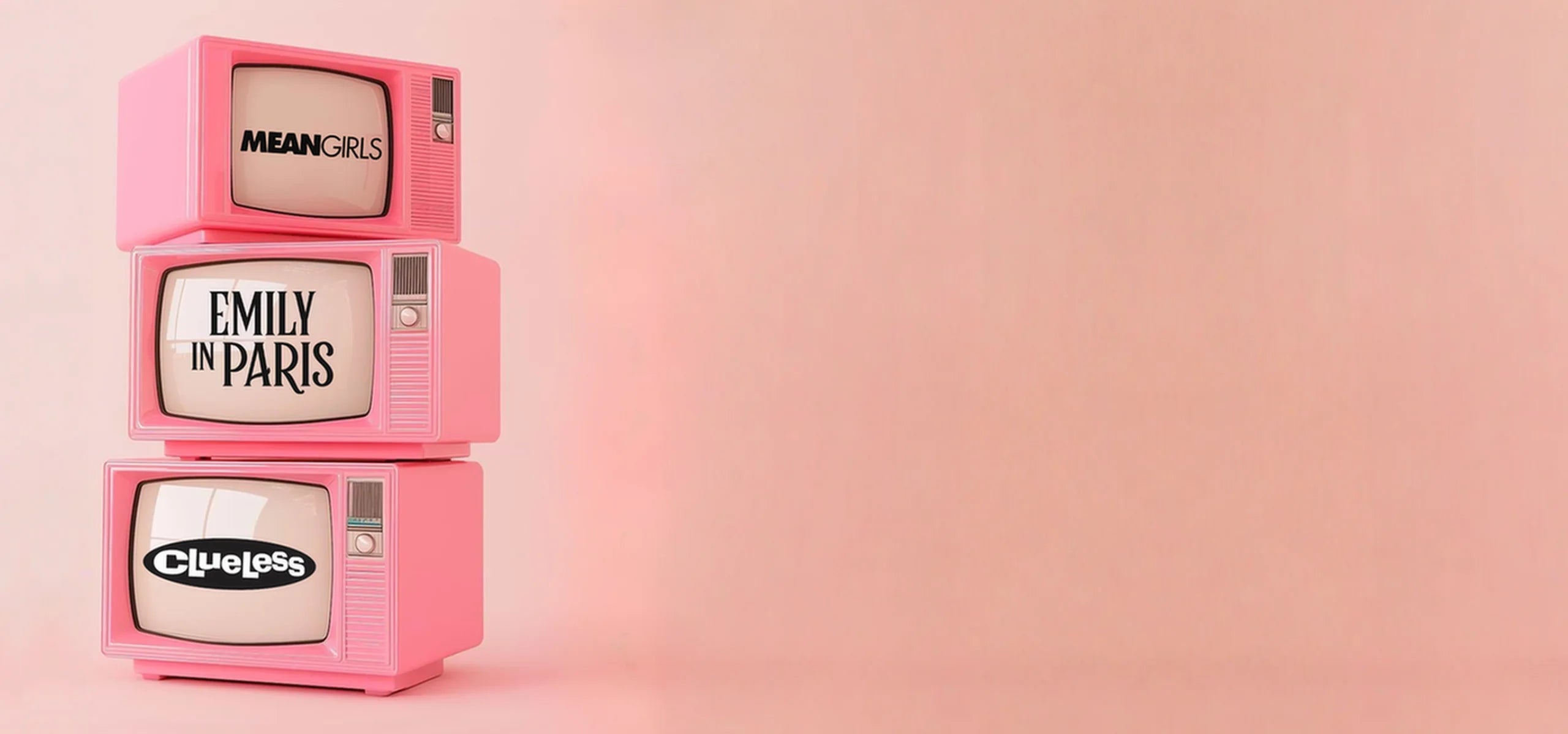 Three pink tvs stacked on top of each other with movie and tv show logos.