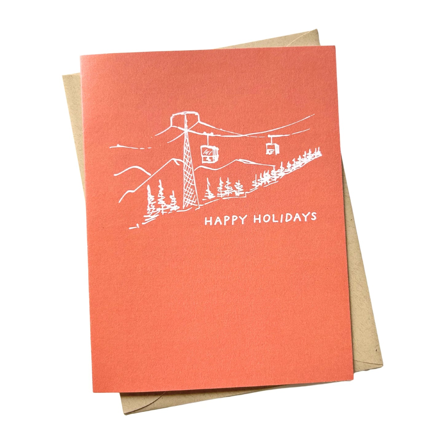 Greeting card with ski lift illustration and 'Happy Holidays' text on a red background.