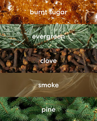 Burnt sugar, evergreen, clove, smoke and pine scent notes.