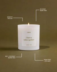 A white candle labeled 'i have a cabin upstate' by Literie, lit with a small flame, centered on a warm brown background with white callout text highlighting product features.