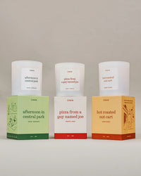 Three Literie scented candles in white glass with white labels, displayed alongside their colorful cardboard boxes on a neutral studio background. The boxes are colored light green, white with red, and light orange, matching the scents: 'afternoon in central park', 'pizza from a guy named joe', and 'hot roasted nut cart'.
