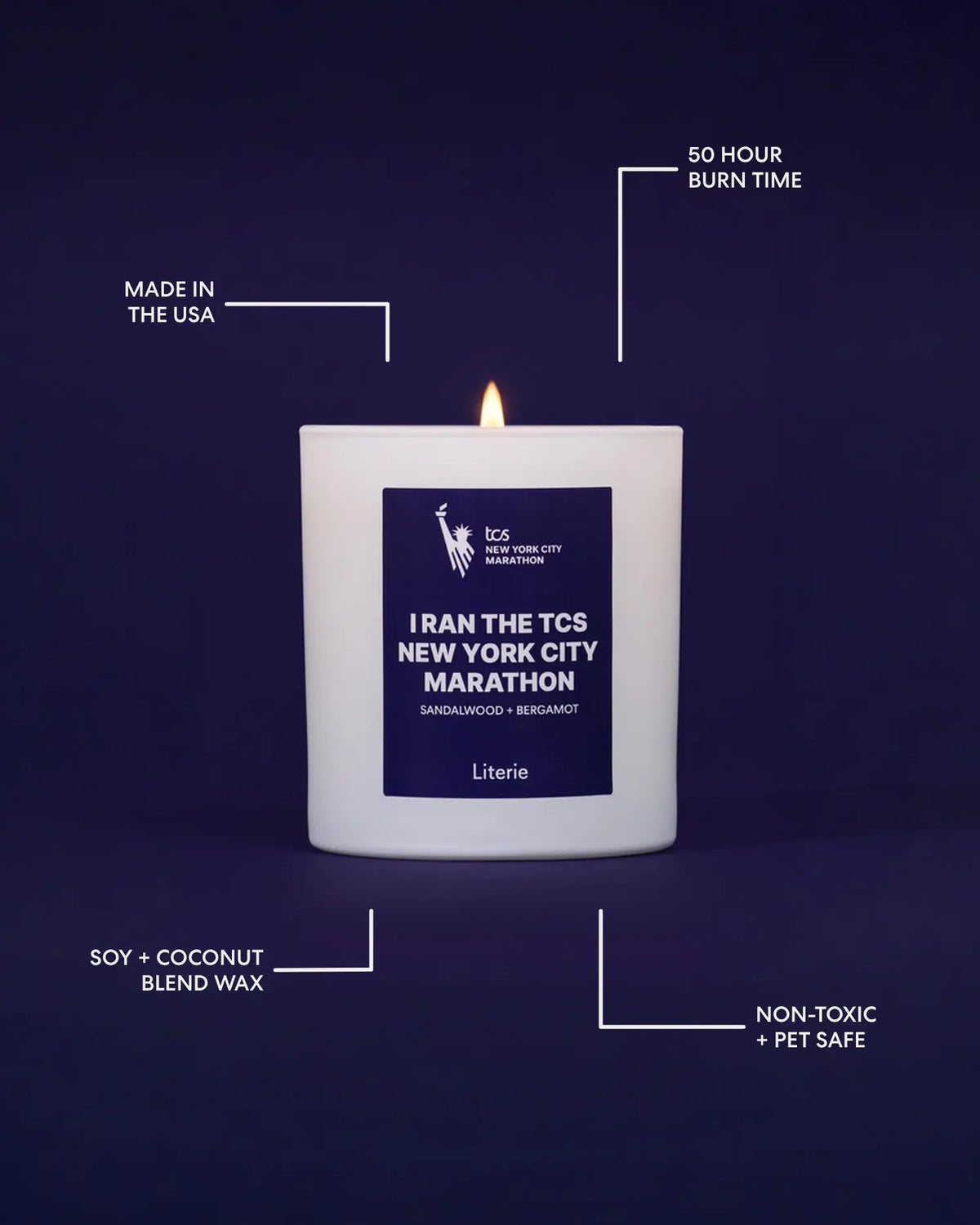 A lit Literie candle in a white jar on a blue  background, surrounded by white callout lines and text highlighting product features: 'Made in the USA', '50 Hour Burn Time', 'Soy + Coconut Blend Wax', 'Non-Toxic + Pet Safe', and the scent 'i ran the tcs new york city marathon'.