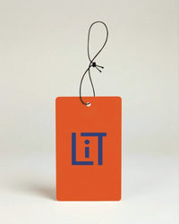 Orange air freshener with blue Literie logo on a white background
