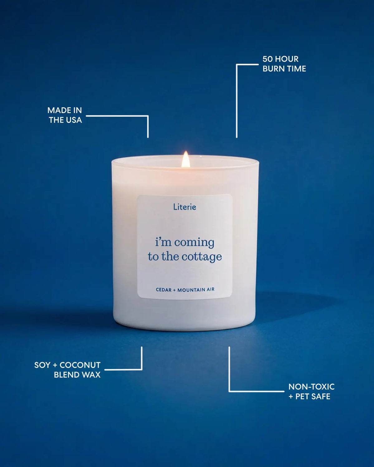 A lit Literie candle in a white jar on a solid orange background, surrounded by white callout lines and text highlighting product features: 'Made in the USA', '50 Hour Burn Time', 'Soy + Coconut Blend Wax', 'Non-Toxic + Pet Safe', and the scent 'i'm coming to the cottage'.
