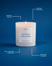 A lit Literie candle in a white jar on a solid orange background, surrounded by white callout lines and text highlighting product features: 'Made in the USA', '50 Hour Burn Time', 'Soy + Coconut Blend Wax', 'Non-Toxic + Pet Safe', and the scent 'i'm coming to the cottage'.