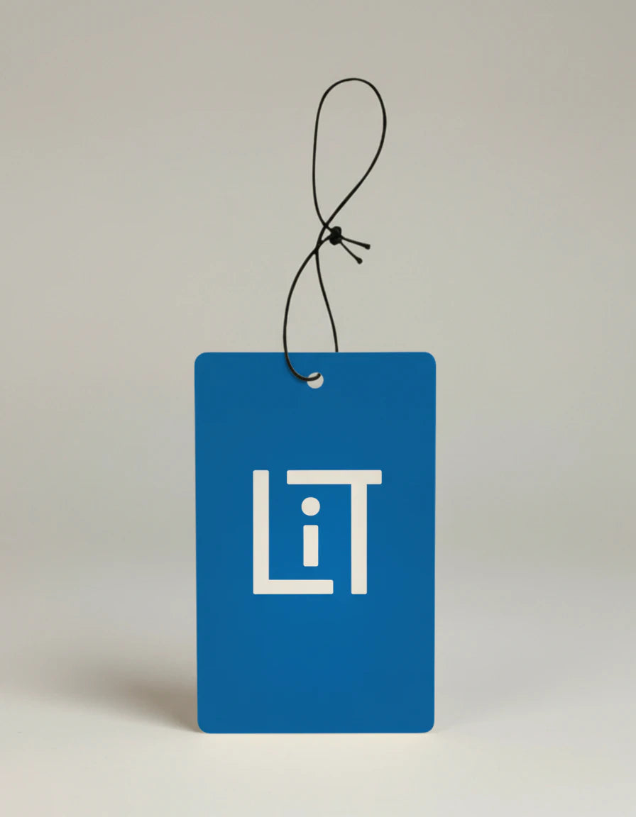 Blue tag with a white logo on a beige background