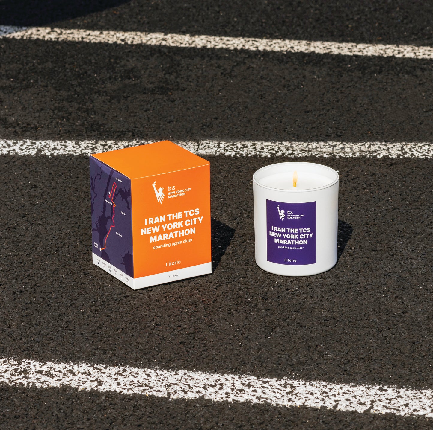 I Ran The TCS New York City Marathon candle on a track