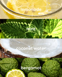 Collage of lemonade, mint leaves, coconut water, and bergamot with labels.