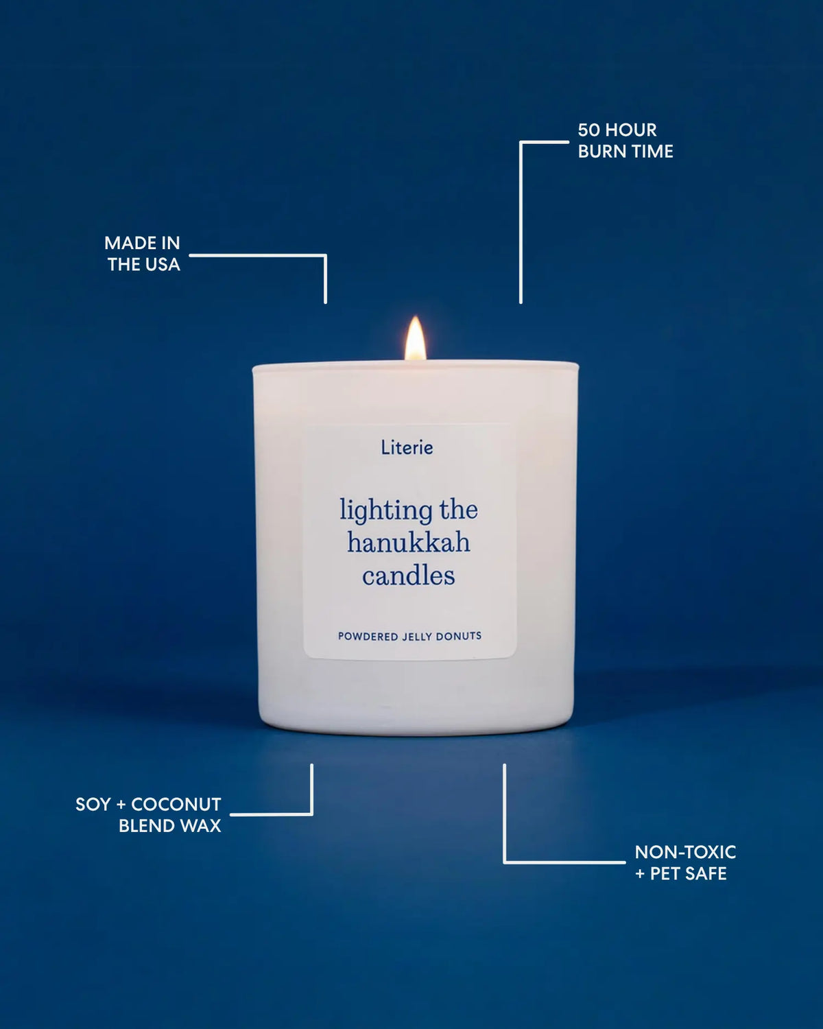 A lit Literie candle in a white jar on a solid blue background, surrounded by white callout lines and text highlighting product features: 'Made in the USA', '50 Hour Burn Time', 'Soy + Coconut Blend Wax', 'Non-Toxic + Pet Safe', and the scent 'lighting the hanukkah candles'.