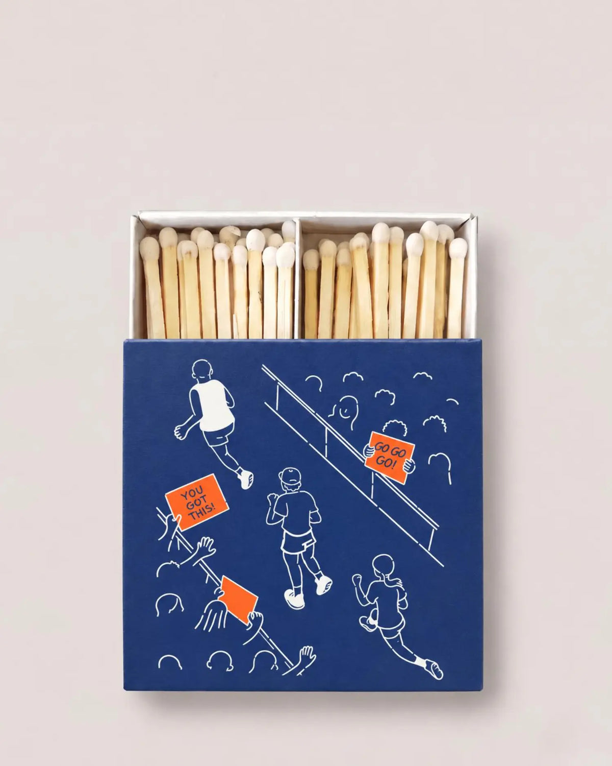 Blue matchbox with illustrations of runners on a grey background.