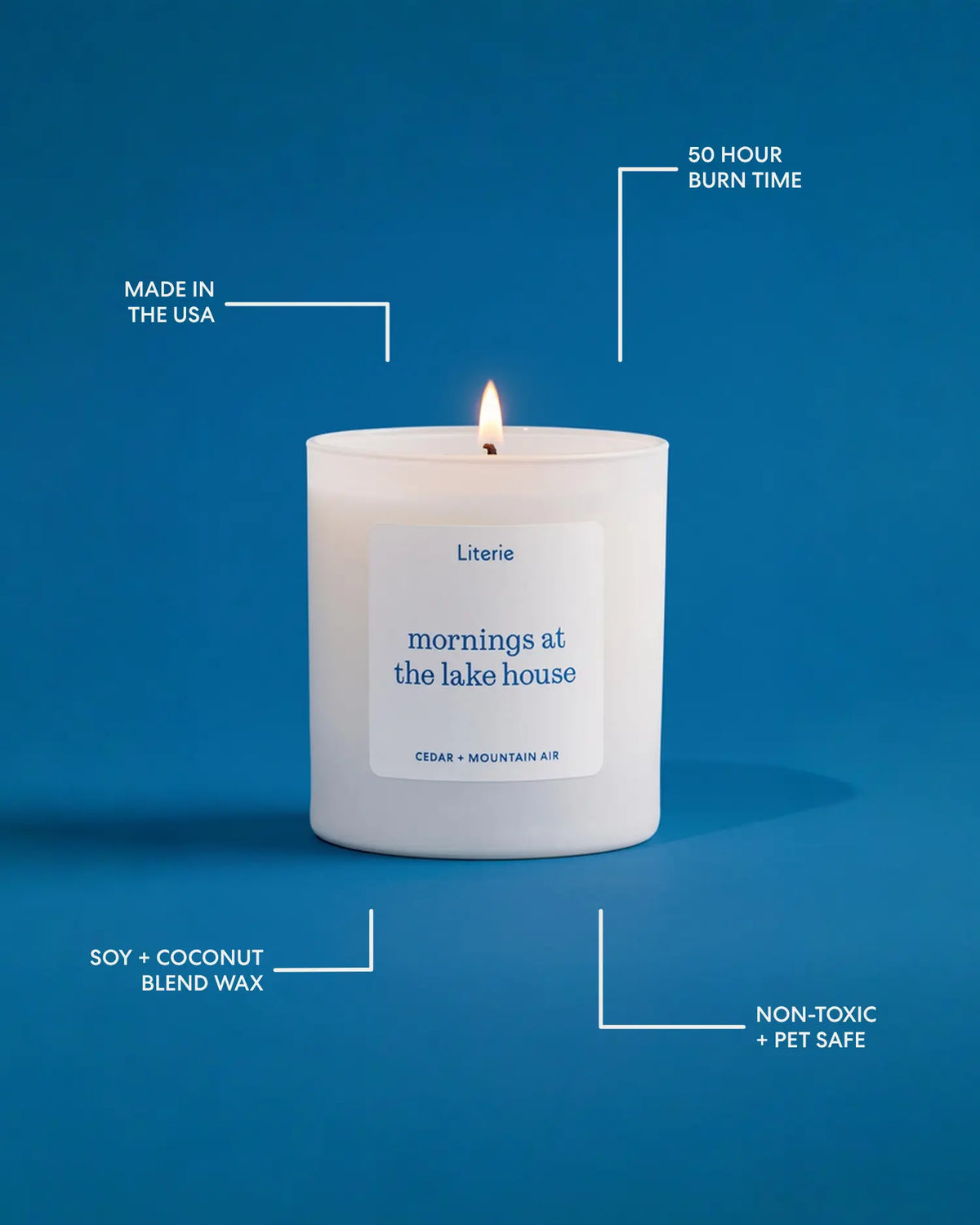 A lit Literie candle in a white jar on a solid orange background, surrounded by white callout lines and text highlighting product features: 'Made in the USA', '50 Hour Burn Time', 'Soy + Coconut Blend Wax', 'Non-Toxic + Pet Safe', and the scent 'mornings at the lake house'.