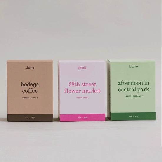 'bodega coffee', '28th street flower market', and 'afternoon in central park' candle boxes spinning 360.
