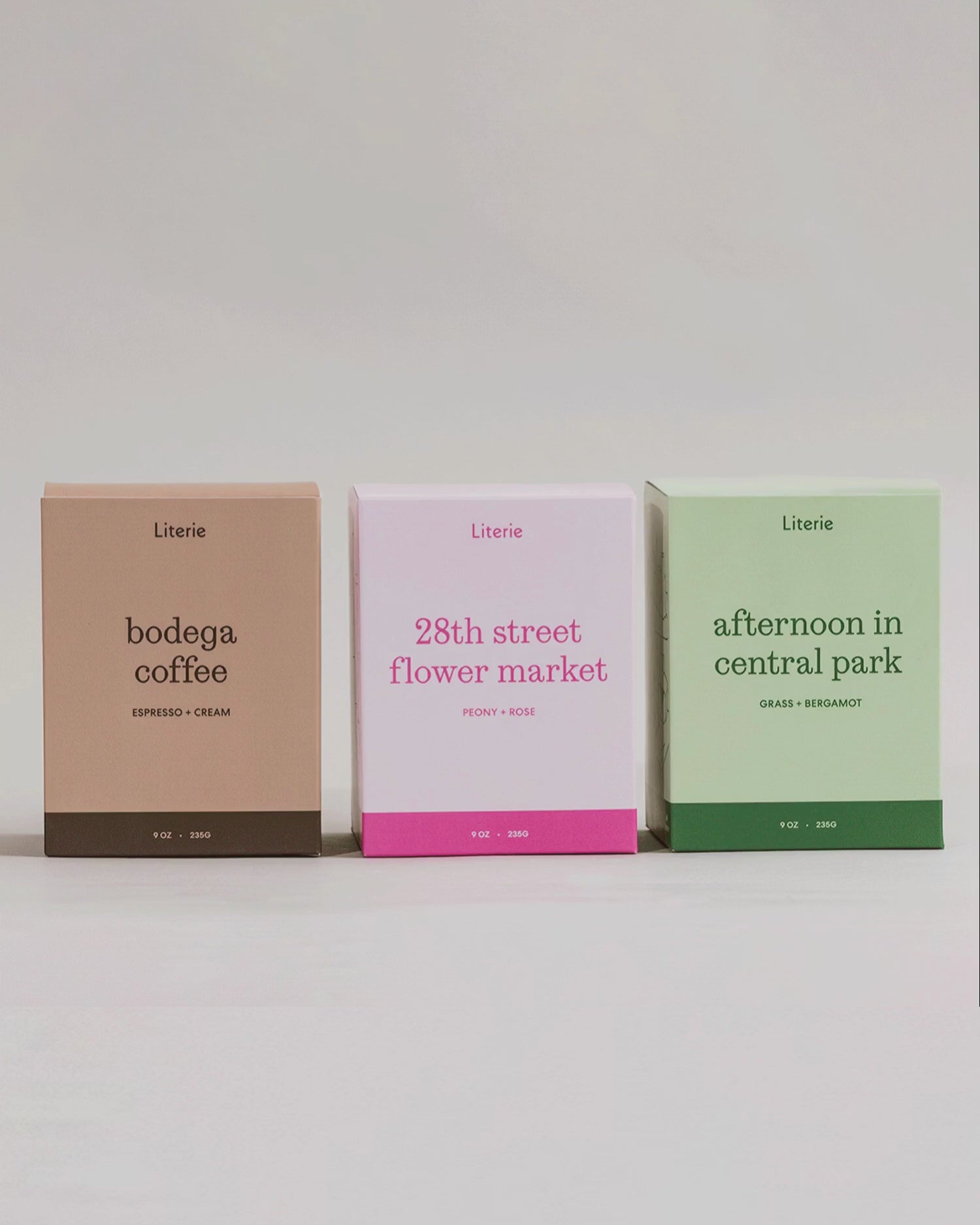 'bodega coffee', '28th street flower market', and 'afternoon in central park' candle boxes spinning 360.