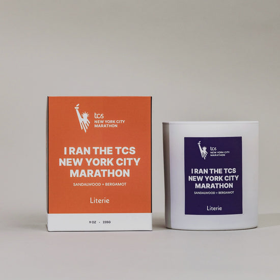 I Ran The TCS New York City Marathon official candle with box spinning to show illustrations.