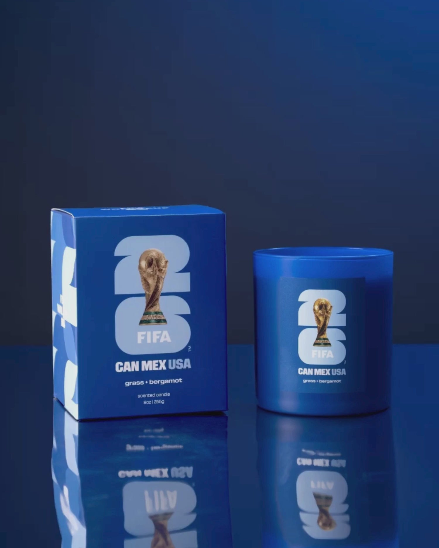 Blue candle and box with FIFA World Cup trophy design on a blue background spinning.
