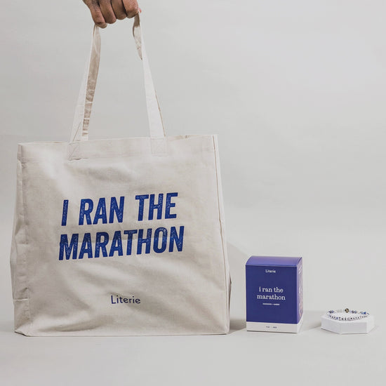 I Ran The Marathon tote bag and bracelet staying still with the candle box rotating.