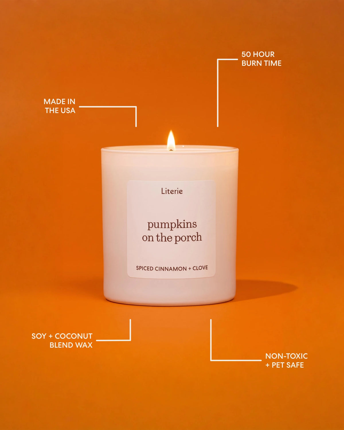 A lit Literie candle in a white jar on a solid orange background, surrounded by white callout lines and text highlighting product features: 'Made in the USA', '50 Hour Burn Time', 'Soy + Coconut Blend Wax', 'Non-Toxic + Pet Safe', and the scent 'pumpkins on the porch'.