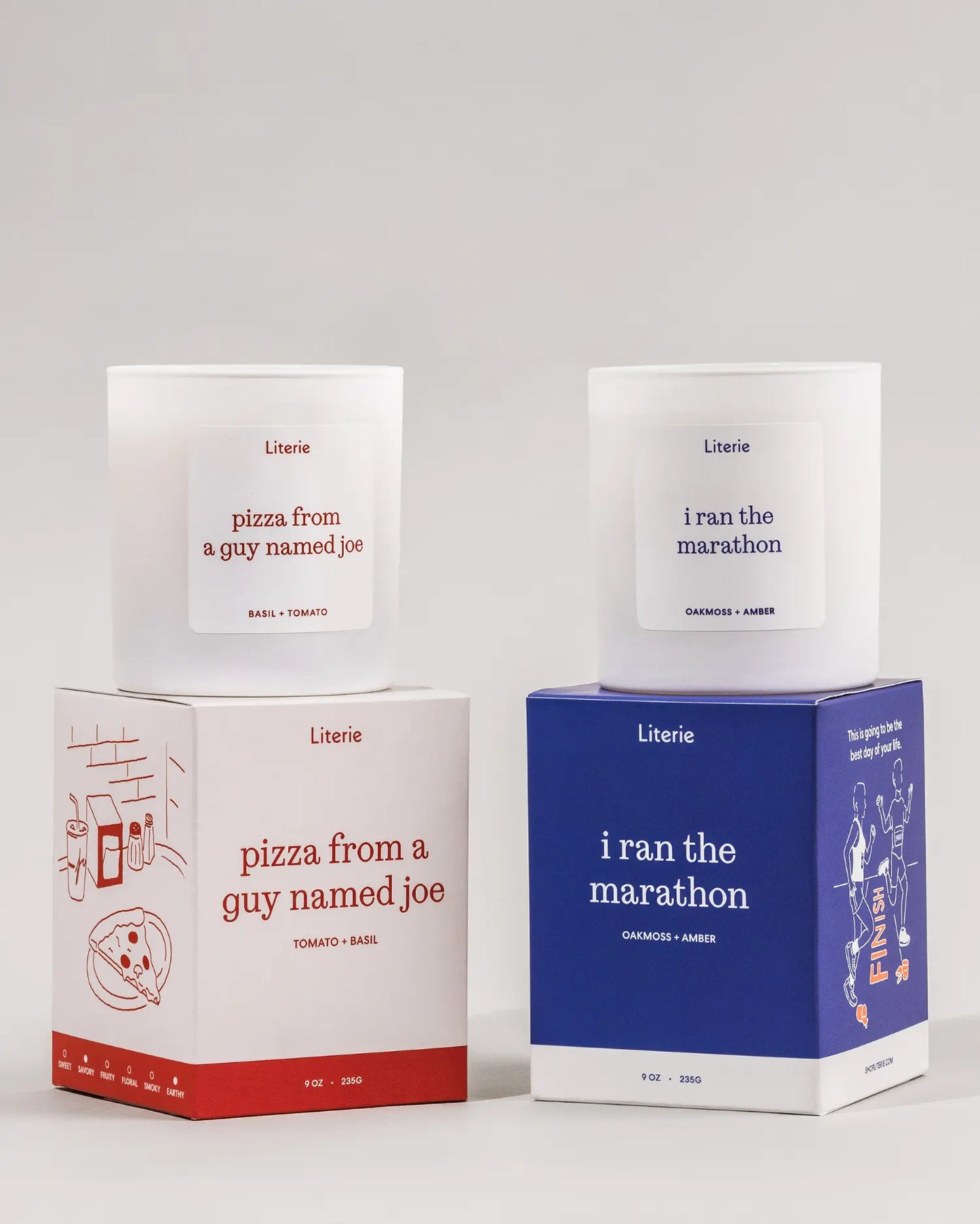 Run and Reward candle duo with pizza and marathon themes candles and boxes.