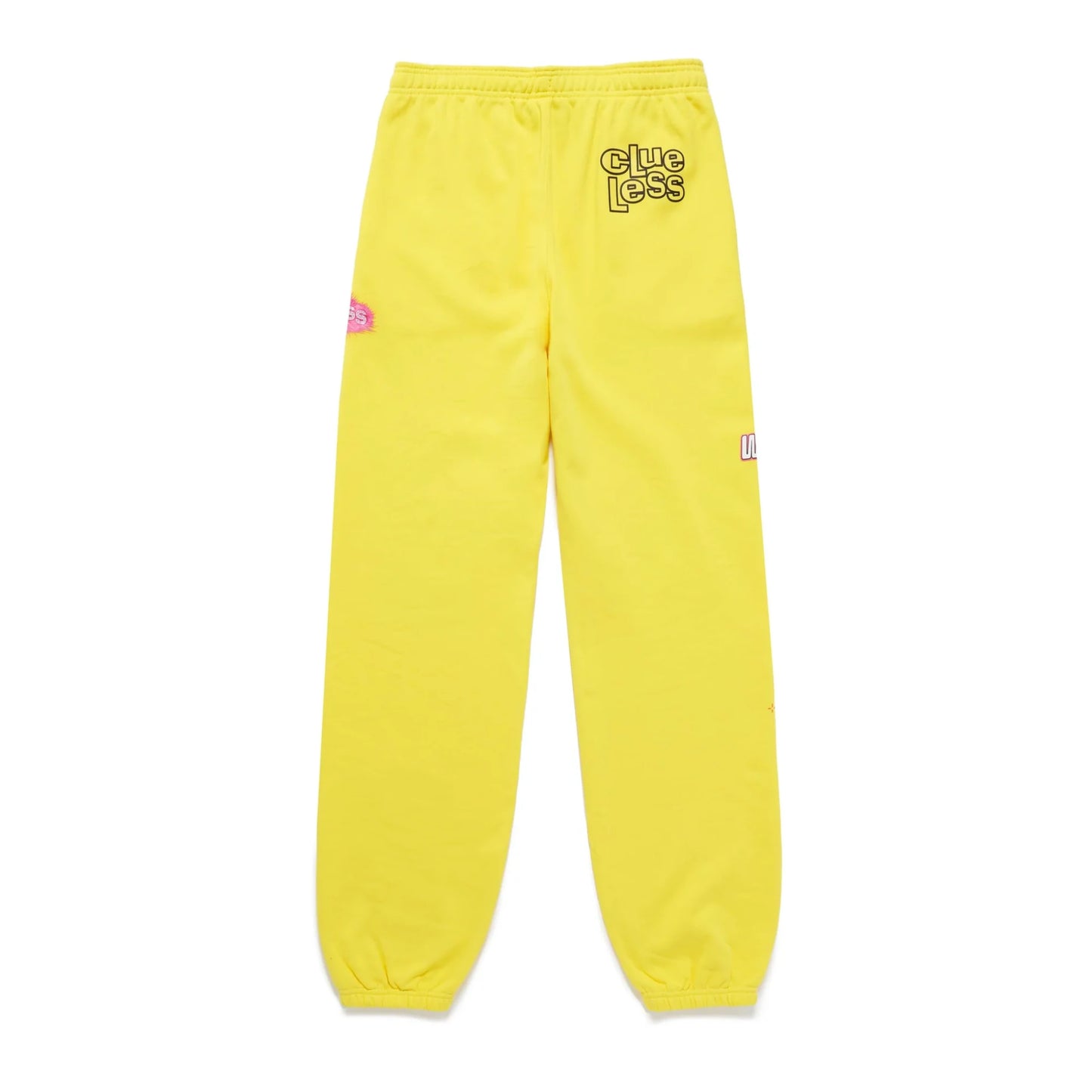 Yellow sweatpants with a brand logo on a white background