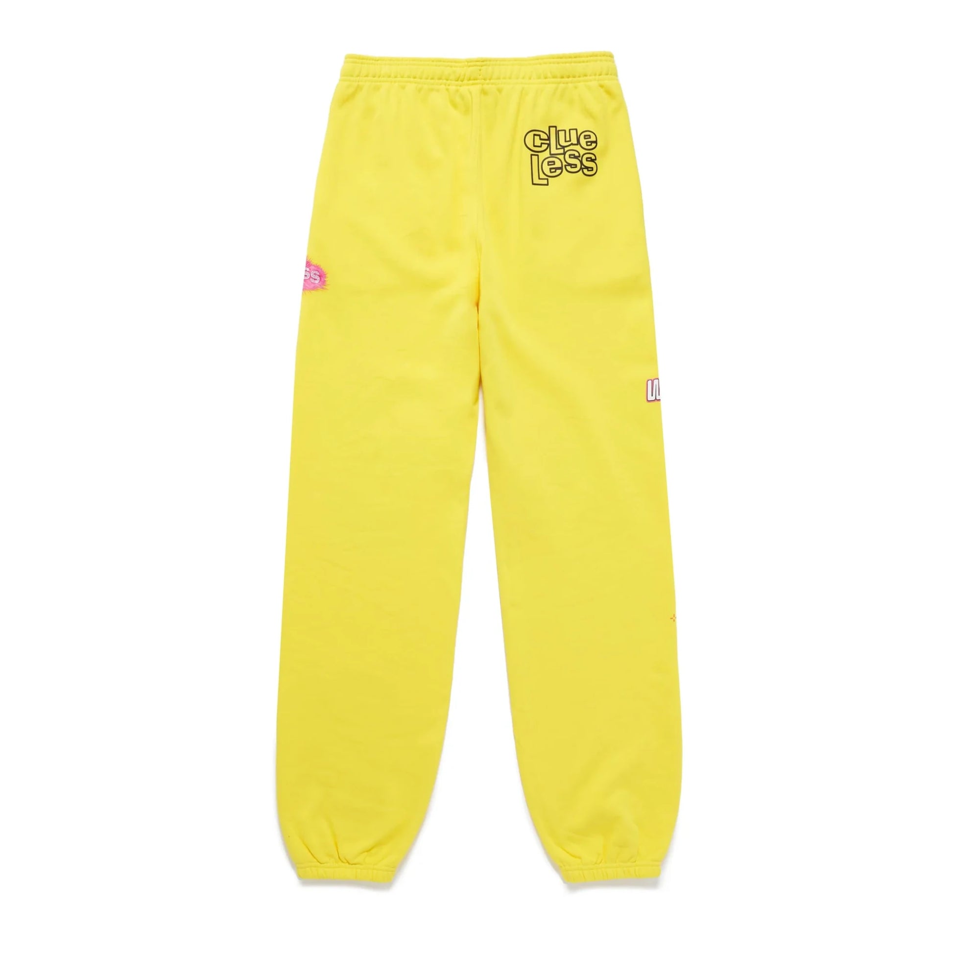 Yellow sweatpants with a brand logo on a white background