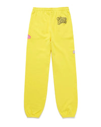 Yellow sweatpants with a brand logo on a white background