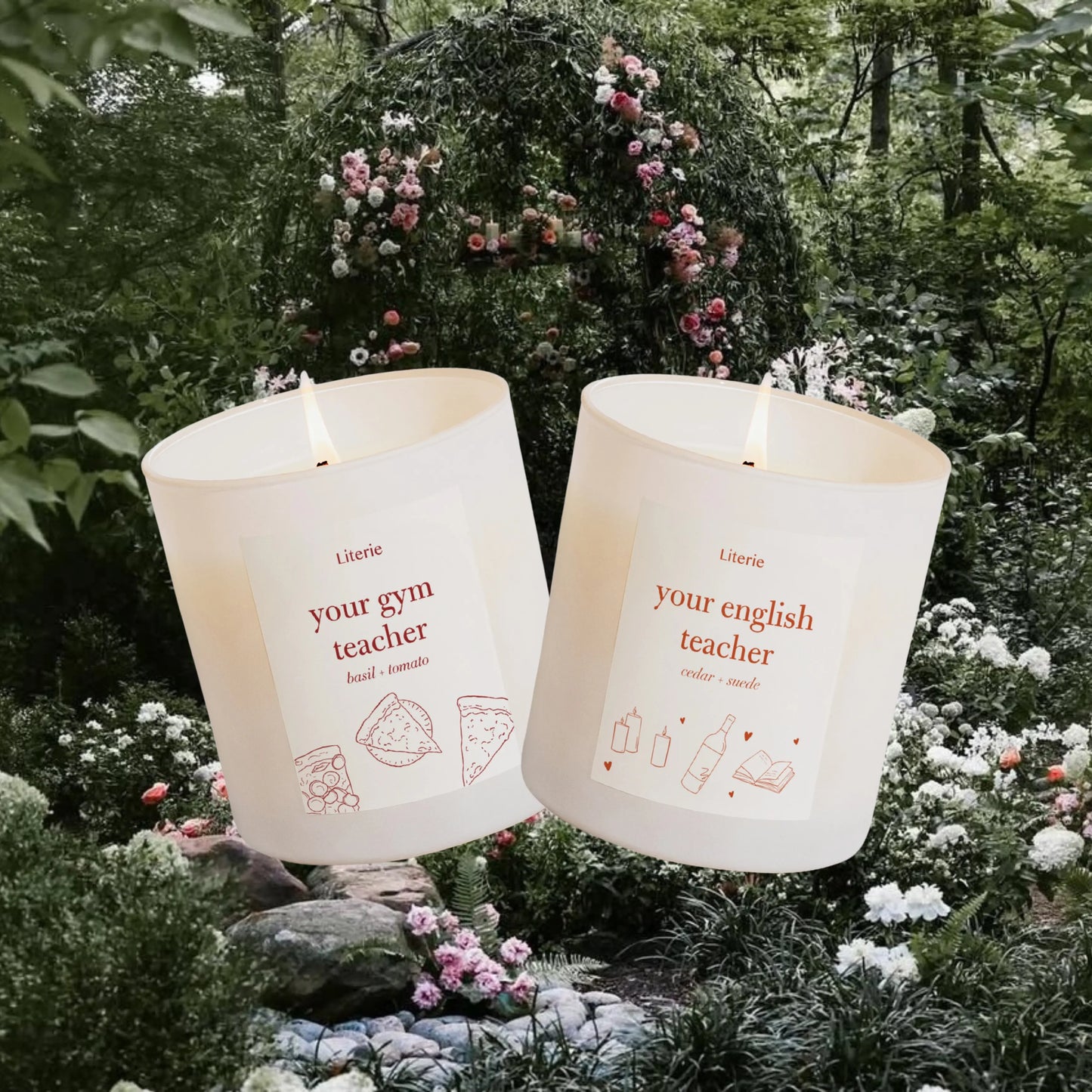 your gym teach and your english teacher candles on a floral background.