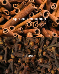 A split-screen close-up showing two scent notes: the top half labeled 'spiced cinnamon' displays rolled cinnamon sticks and the bottom half labeled 'clove' shows dark brown cloves.