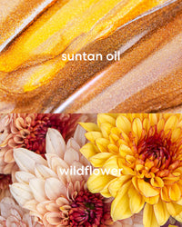 Close-up of suntan oil with a floral background labeled 'wildflower'.