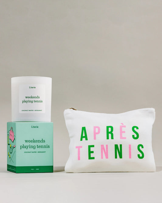 Pouch with 'après tennis' text and 'weekends playing tennis' candle on a neutral background