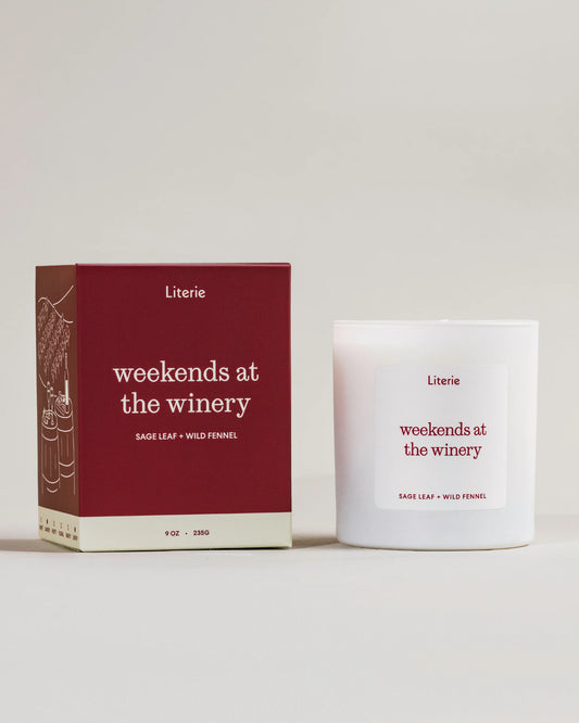 Candle and packaging of 'weekends at the winery' by Literie on a light background